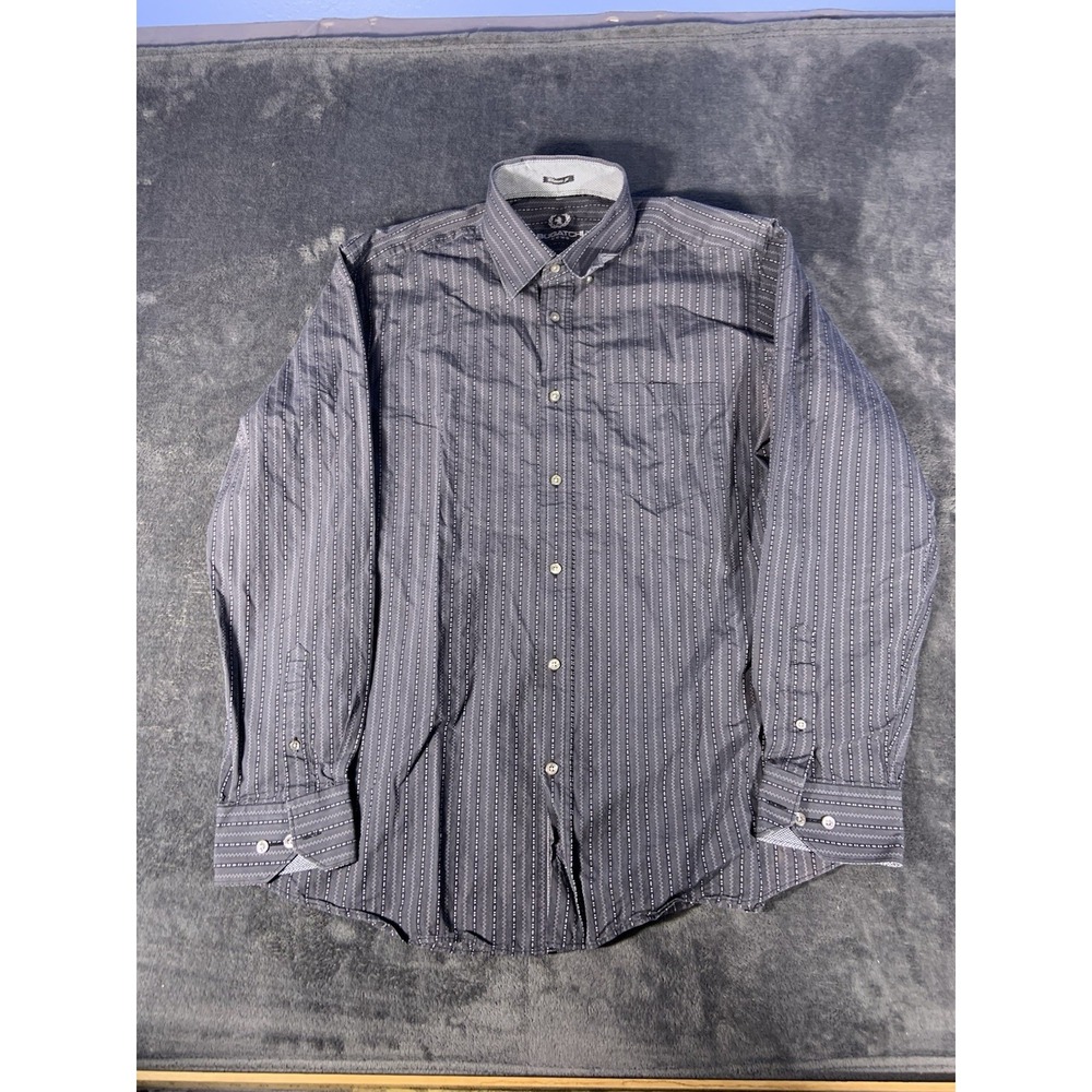 Bugatchi Uomo Shirt Men 2XL Gray Textured Dobby Stripe Shaped Fit Contrast